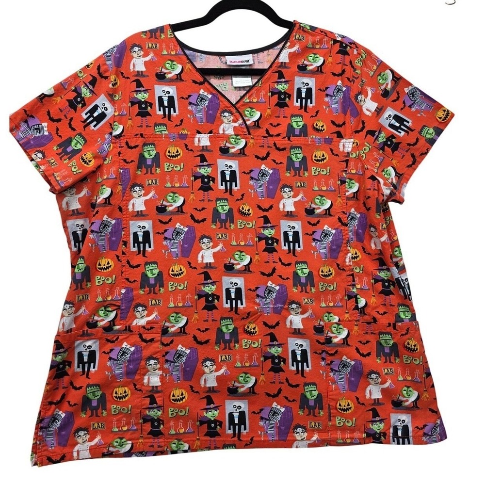 ScrubStar Halloween Scrub Top XL Orange Monster Mad Lab V-Neck Cotton